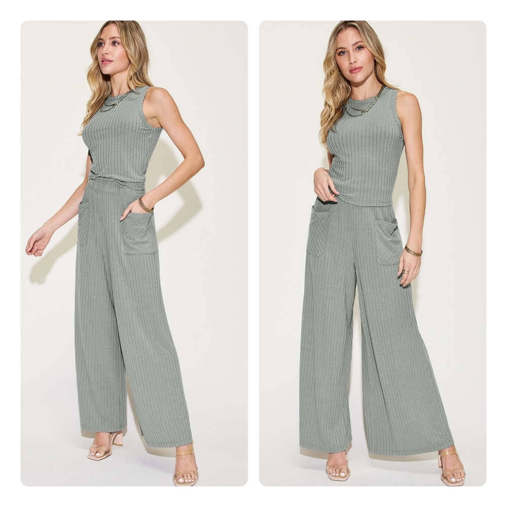 Gray Ribbed Tank and Wide Leg Pants Set - Picture 9 of 10